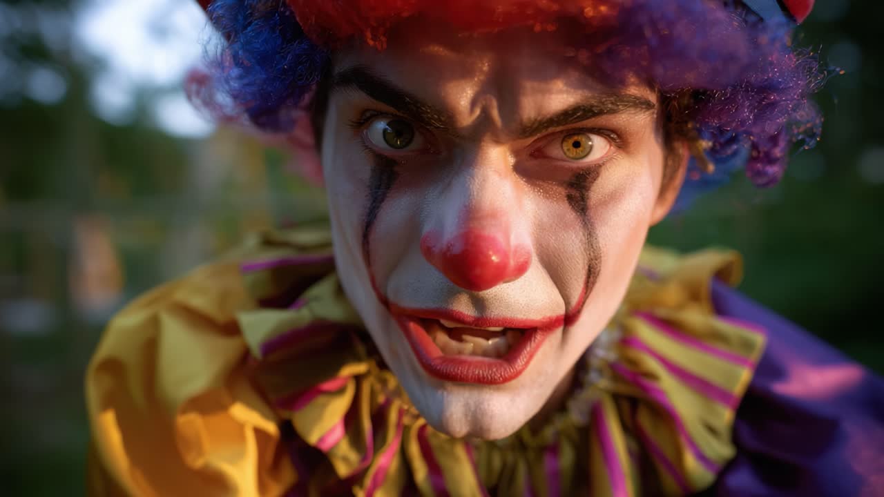 Intense Clown Expression: A Close-Up Look at a Personalized Clown Character with Vibrant Colors and an Eerie Gaze, Capturing the Essence of Circus Performers