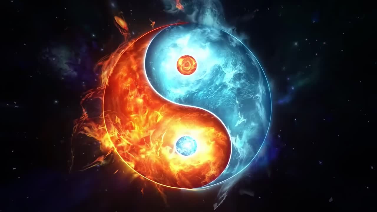 Video dinamico di un simbolo yin-yang infuocato e ghiacciato, ripreso da un'angolazione frontale nello spazio