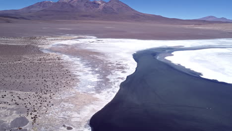 desert dry scrub arid land with white salt crust and blue river in bolivia