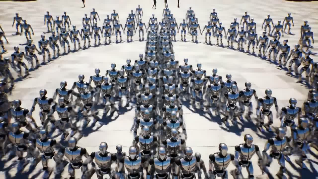 An Impressive Array of Robots Forming a Symbolic Pattern on a Vast Surface, Capturing a Futuristic Gathering Filled with Precision and Order