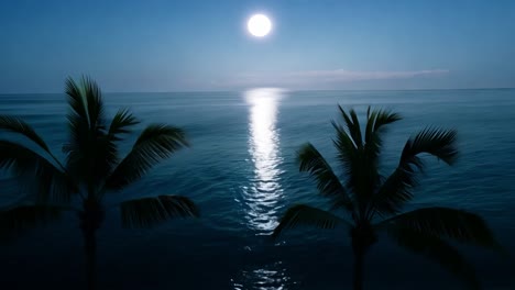 la luz de la luna que se refleja en una superficie tranquila del océano, enmarcada por dos palmeras, crea una escena tropical serena