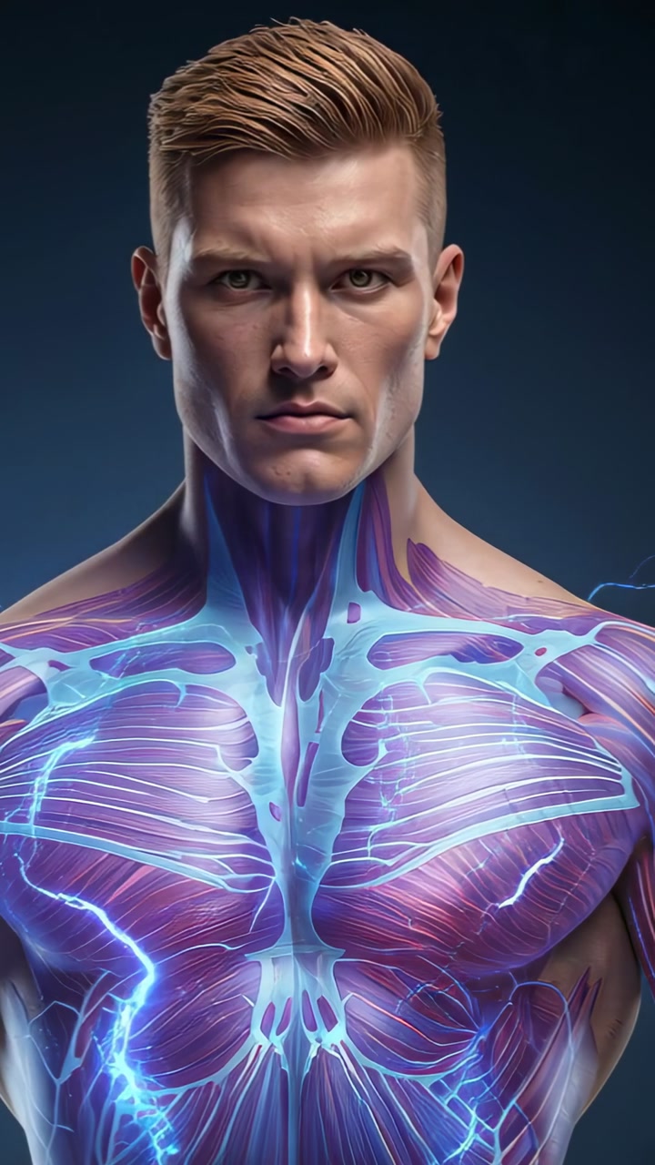 Vertical video: Camera zooming, man in studio, purple-blue overlay pulsing, sparking for study