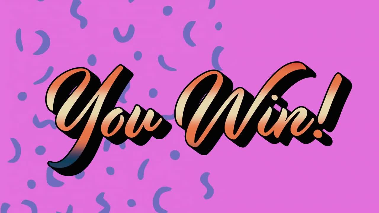 Digital animation of you win text banner against abstract blue shapes on pink background