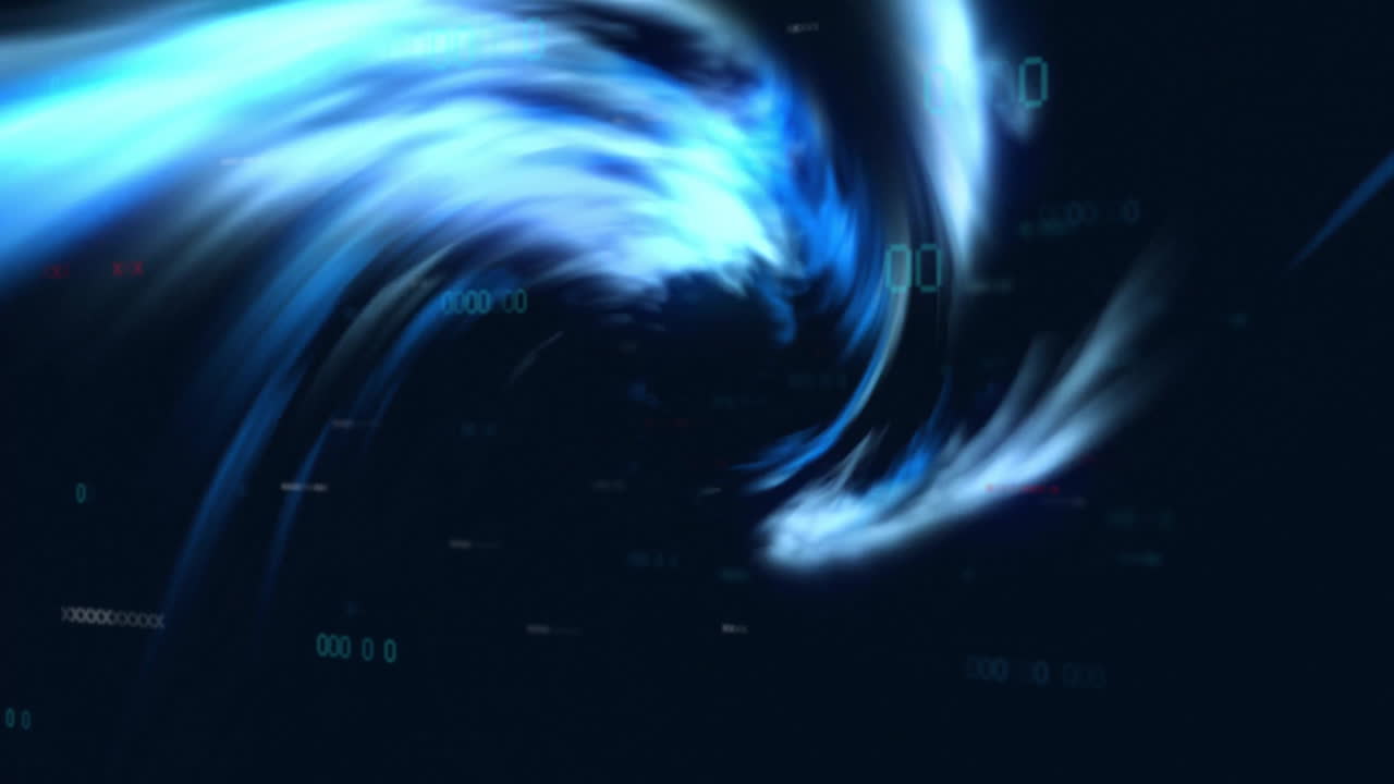 Swirling blue and white light streaks forming digital vortex, floating binary codes animating scene