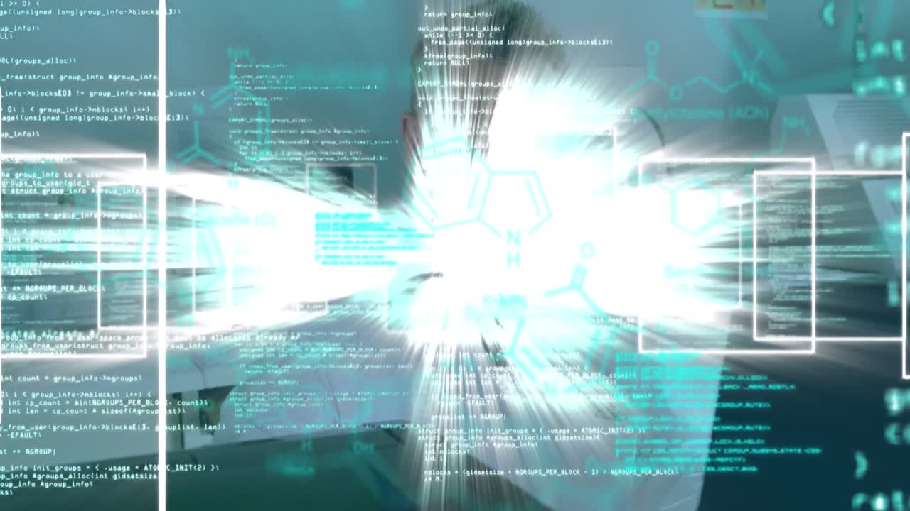 Animation of scientific data processing over caucasian male lab worker