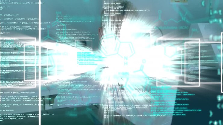 Animation of scientific data processing over caucasian male lab worker
