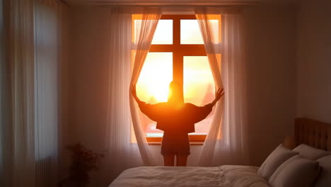 person opening curtains to a bright sunrise in a bedroom
