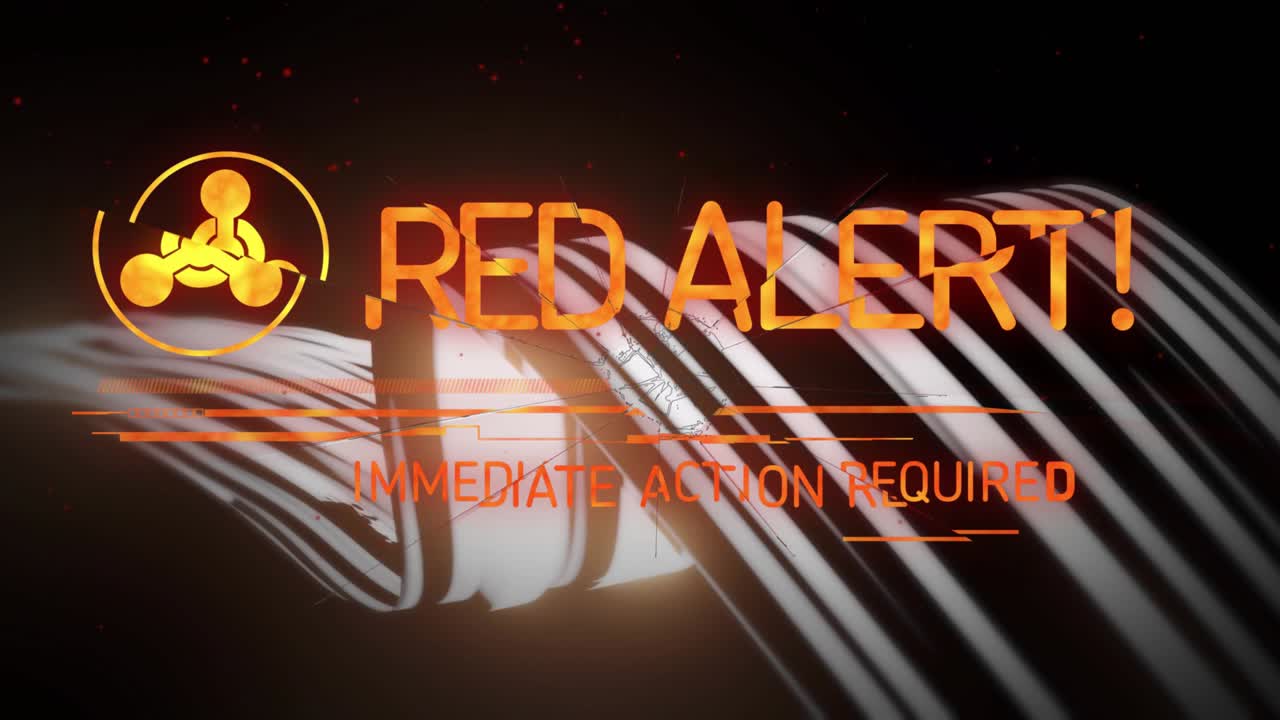 Alert graphic forming over dark backdrop, ribbon sweep sparking logo and headline for urgent action