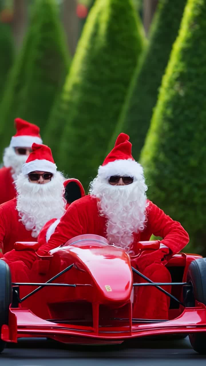 Festively Dressed Santa Claus Characters Thrill on Sleek Red Go-Kart Racing Vehicles, Creating a Unique and Joyful Holiday Atmosphere Amidst Lush Greenery in This Cheerful Seasonal Adventure