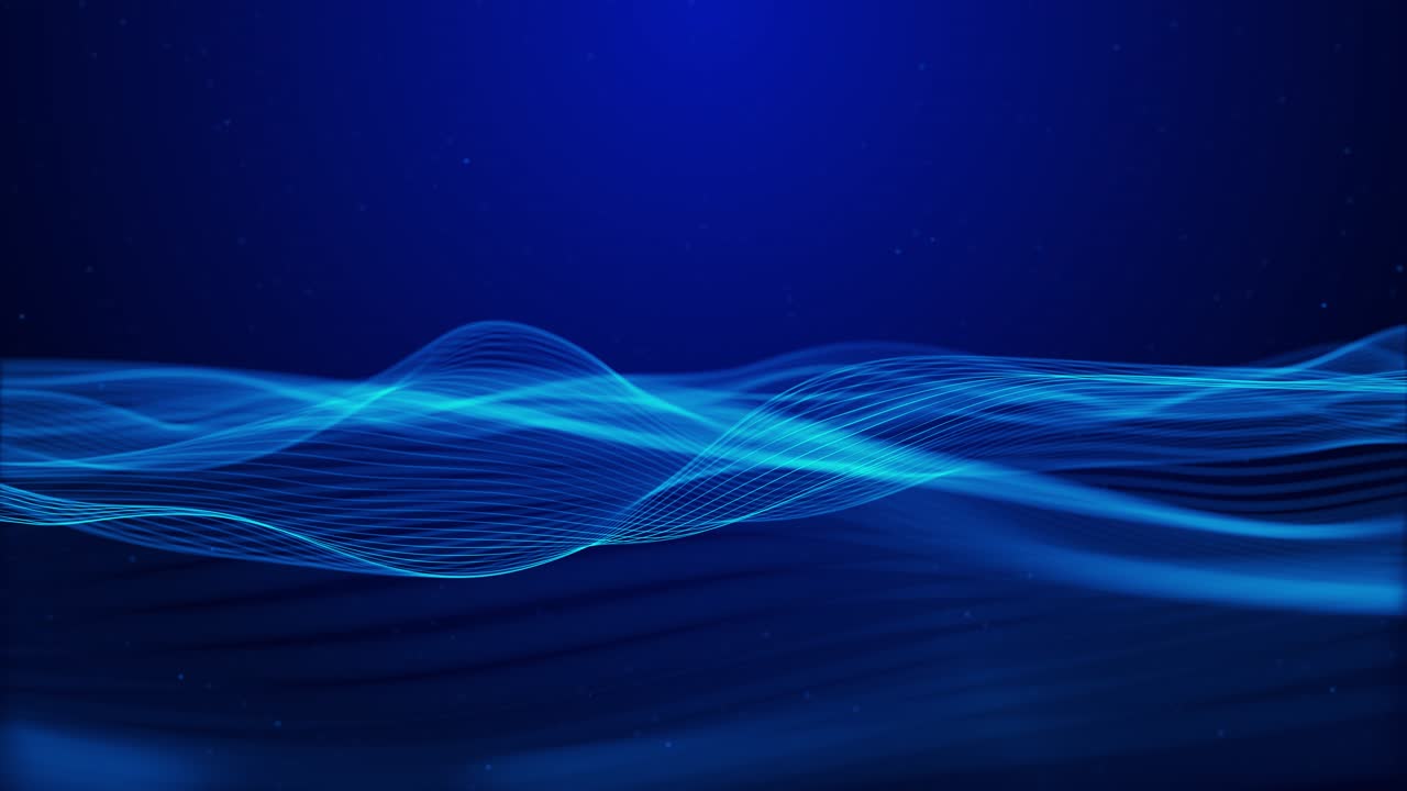 Abstract motion of glowing blue waves made of light particles flowing through dark space for use in
