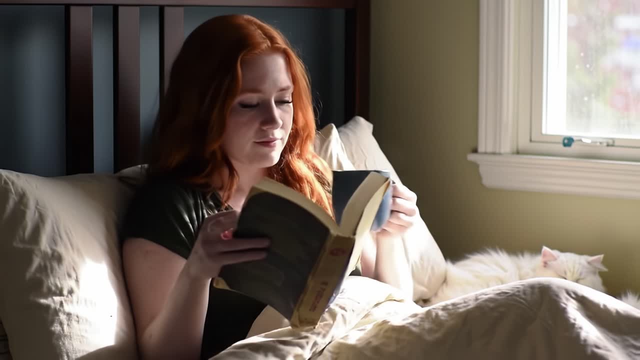 Cozy Morning Reading: A Relaxing Moment with a Book and Warm Drink by the Window While a Cat Lounges Nearby