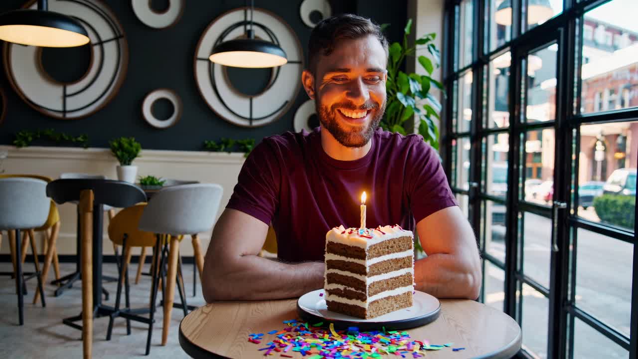 cliente feliz está sentado en la mesa en la cafetería, mirando un pedazo de pastel de cumpleaños con vela ardiente y salpicaduras de colores en él, sonriendo y esperando para hacer un deseo