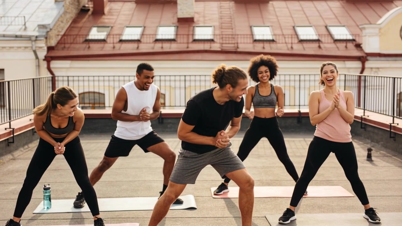 Leading trainer cueing group in activewear, guiding warm-up on rooftop mats, warming up