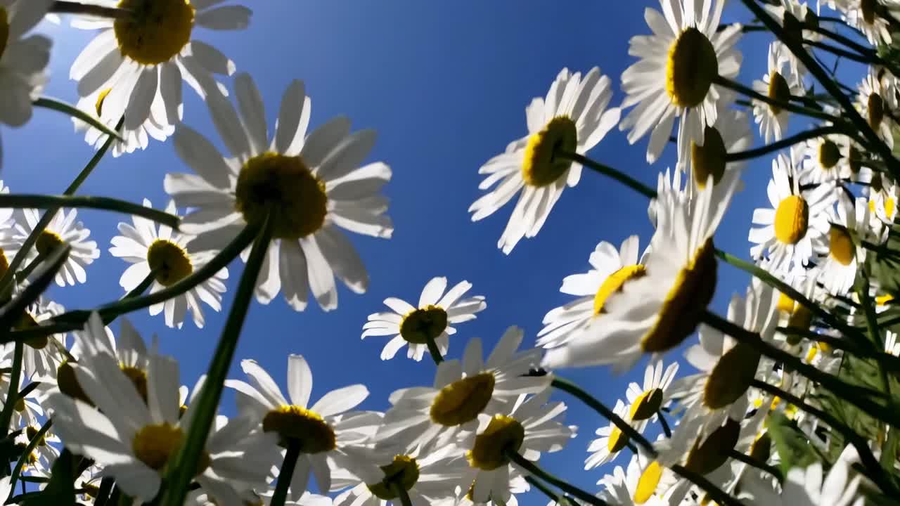 Berrak mavi gökyüzüne karşı papatyaların alçak açılı videosu, canlı ve güneşli bir günü yakalıyor.