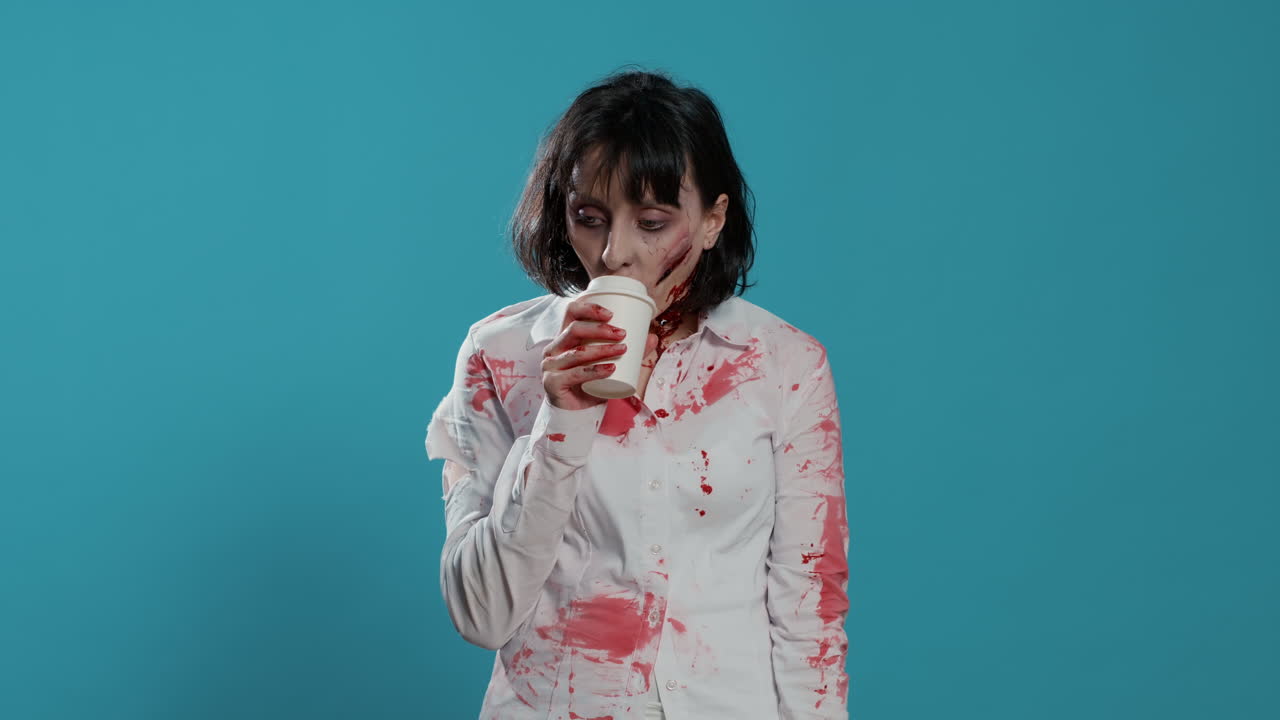 Creepy looking zombie with deep scars smelling coffee from a cup on blue background