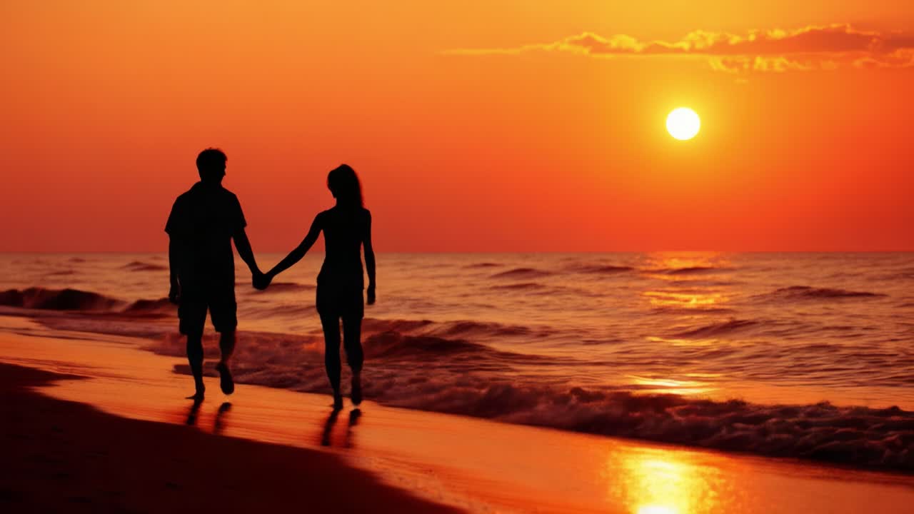 A Serene Sunset Walk: Capturing a Moments of Love and Connection by the Ocean Shore as a Couple Stroll Together Hand in Hand under the Vibrant Twilight Sky