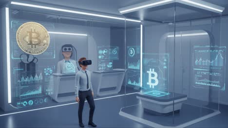 virtual reality bitcoin trading room: a futuristic experience with interactive displays and cryptocurrency visualization in a high-tech environment