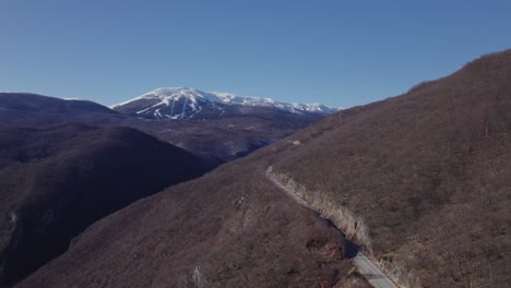 landscape of a road passing by a leafless forest that lead to a snowy mountain