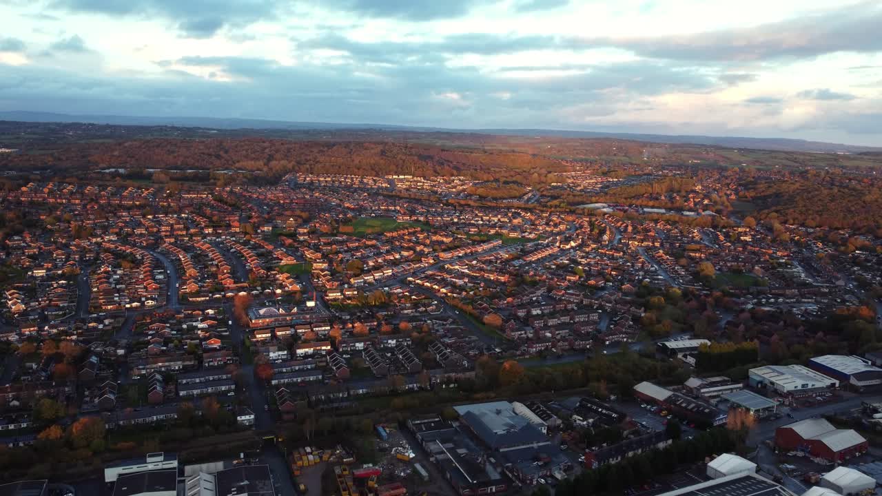Aerial view of a town at sunset