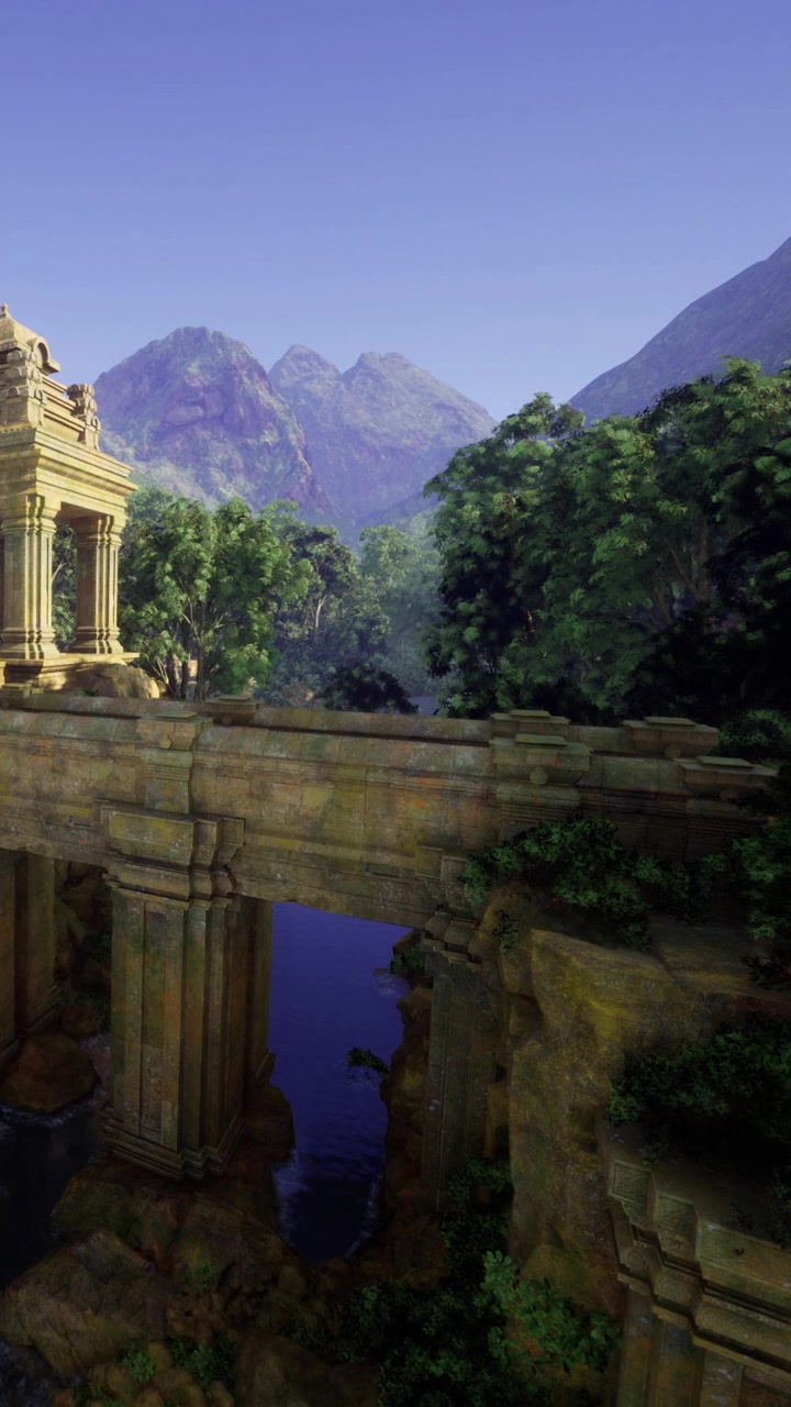 Un antico tempio si erge con grazia accanto a un fiume tranquillo tra maestose montagne.
