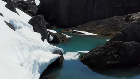 Volando-Lentamente-Hacia-Abajo,-Siguiendo-Un-Hermoso-Arroyo-Glacial-Islandés-Turquesa-Rodeado-De-Rocas-Cubiertas-De-Nieve,-Cerca-De-La-Antena-De-Drones