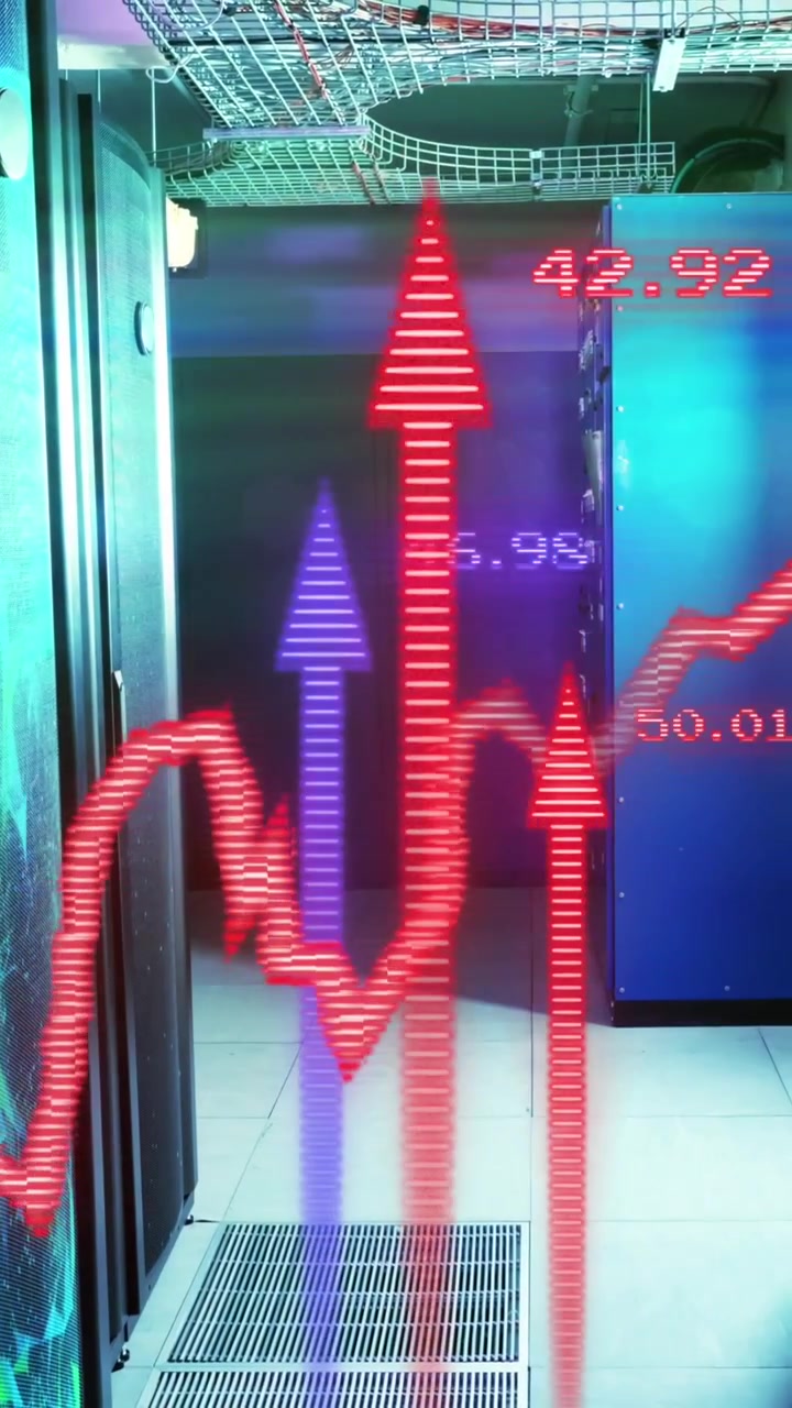Animation of financial data processing with graph and arrows over server room