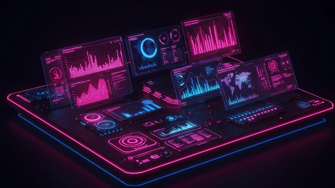 Futuristic Data Visualization Hub: A High-Tech Interface with Neon Accents and Interactive Graphs Showcasing Analytical Insights in a Modern Digital Environment