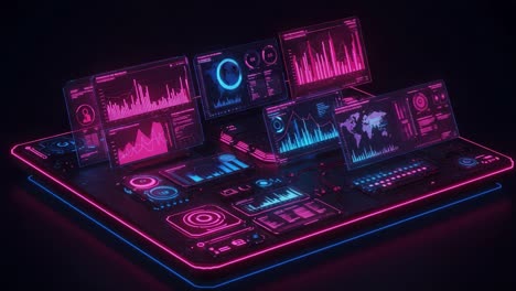 futuristic data visualization hub: a high-tech interface with neon accents and interactive graphs showcasing analytical insights in a modern digital environment