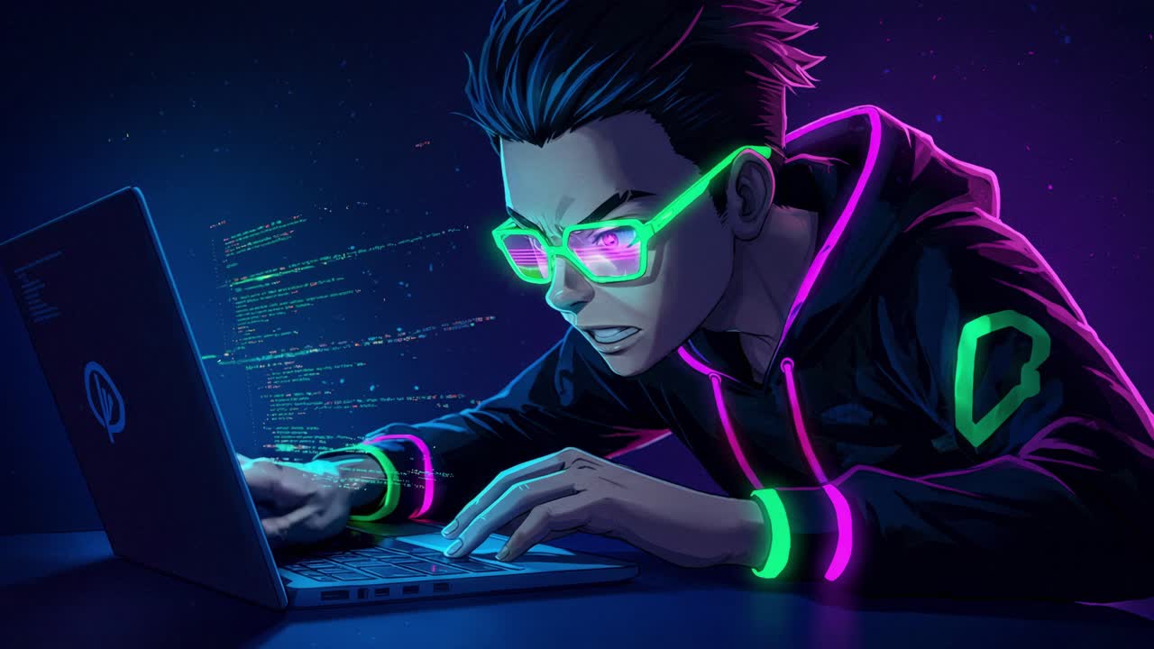 A young and skilled hacker is fully immersed in a high-intensity coding session, surrounded by a futuristic cyber environment during the night