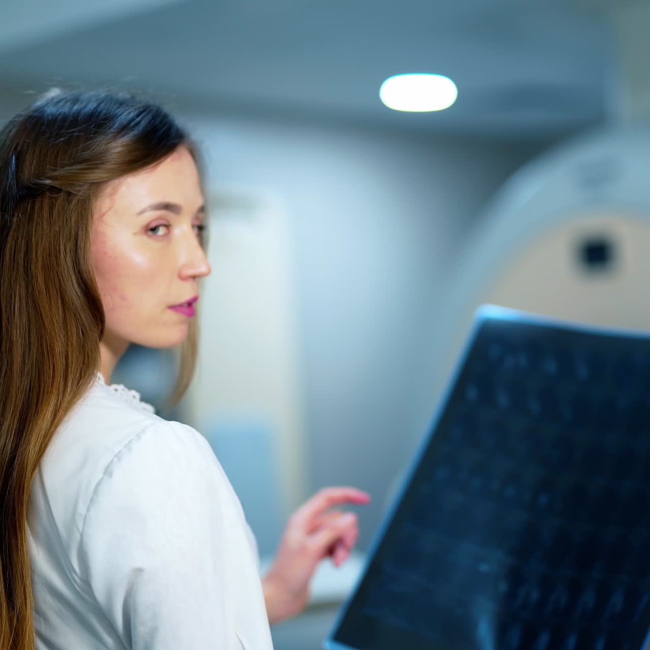 Woman doctor with x-ray photo. Young female doctor examines radiology scan in advanced hospital. Medical concept.