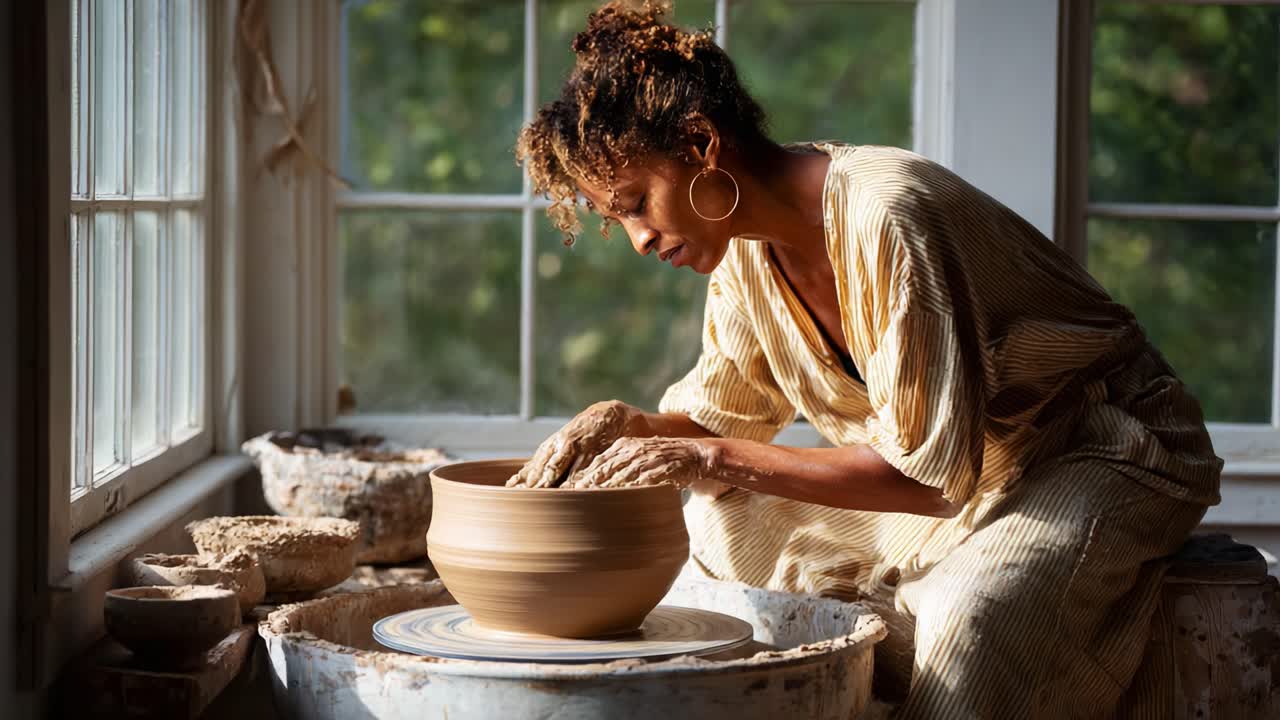 Creazione di eleganza: l'arte della ceramica come vocazione, che dimostra come le mani sappiano trasformare l'argilla in una splendida ciotola in un sereno ambiente di studio