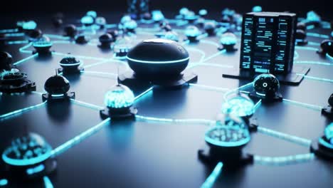 a futuristic network of glowing technology showcasing interconnected spheres and data centers, illuminated by blue light in a digital landscape
