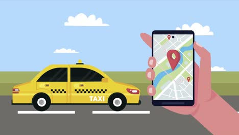 coche de taxi en la carretera y teléfono inteligente