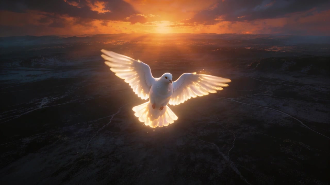 Colomba bianca in volo che si muove verso l'osservatore al tramonto, con il sole che scende basso illuminando i bordi delle ali e le pianure.