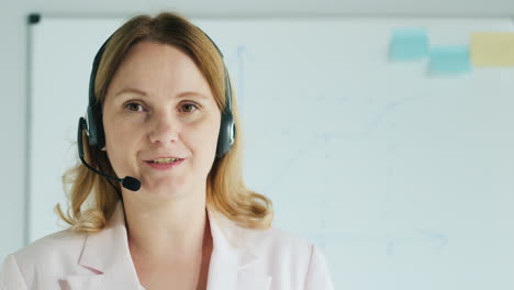 business coach in headset tells against the background of the board with schedules and diagrams