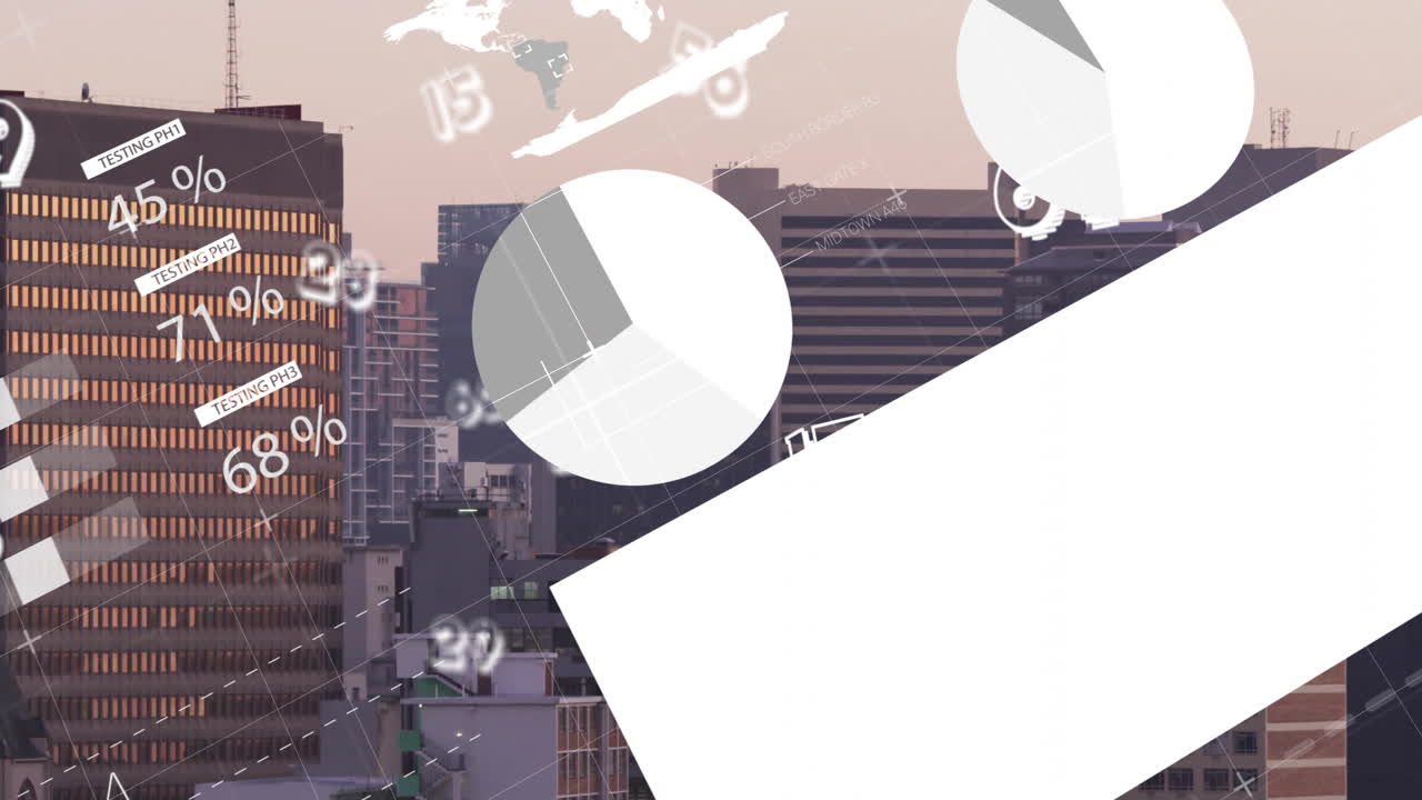 도시 풍경 위의 금융 데이터 처리 애니메이션