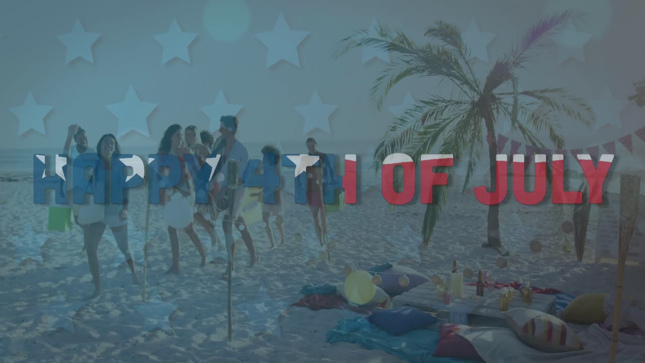해변에서 즐겁게 지내는 친구들 위에 행복한 7월 4일 텍스트와 미국  ⁇ 발의 애니메이션