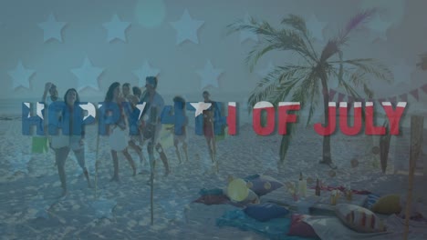 Animation-of-happy-4th-of-july-text-and-american-flag-over-friends-having-fun-on-beach