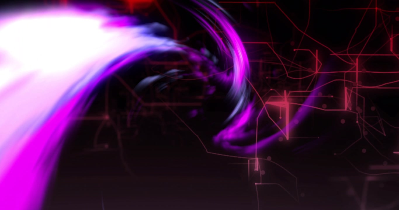 Luminous ribbon plume appearing upper-left and unfurling to center, revealing red circuit network