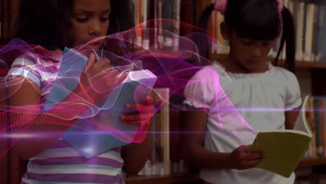 animation of connections and data processing over schoolgirls reading