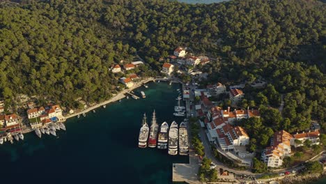 Village-Pomena-At-Island-Mljet-In-Croatia---aerial-drone-shot
