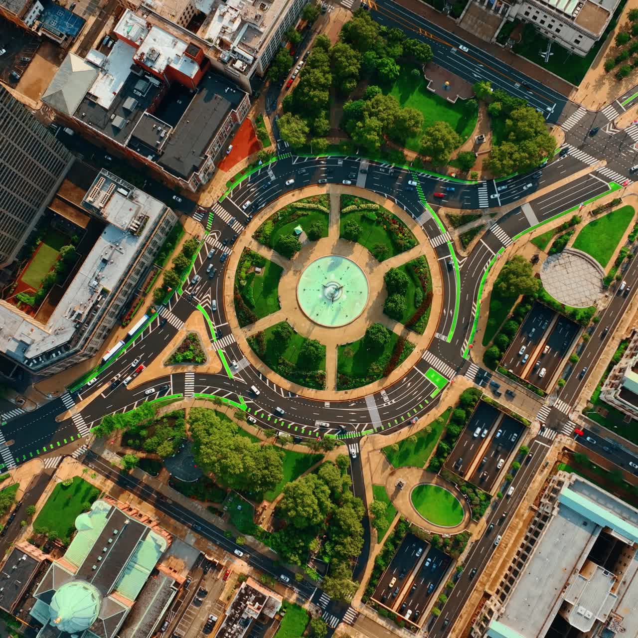 Transport moves by the roundabout surrounded by lush greenery. Top view. Lively roads of Philadelphia
