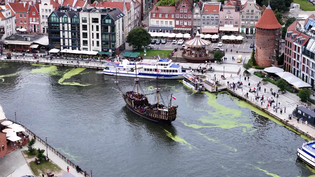 Gdansk and Motlawa River with Tourist Boat. Aerial Poland.