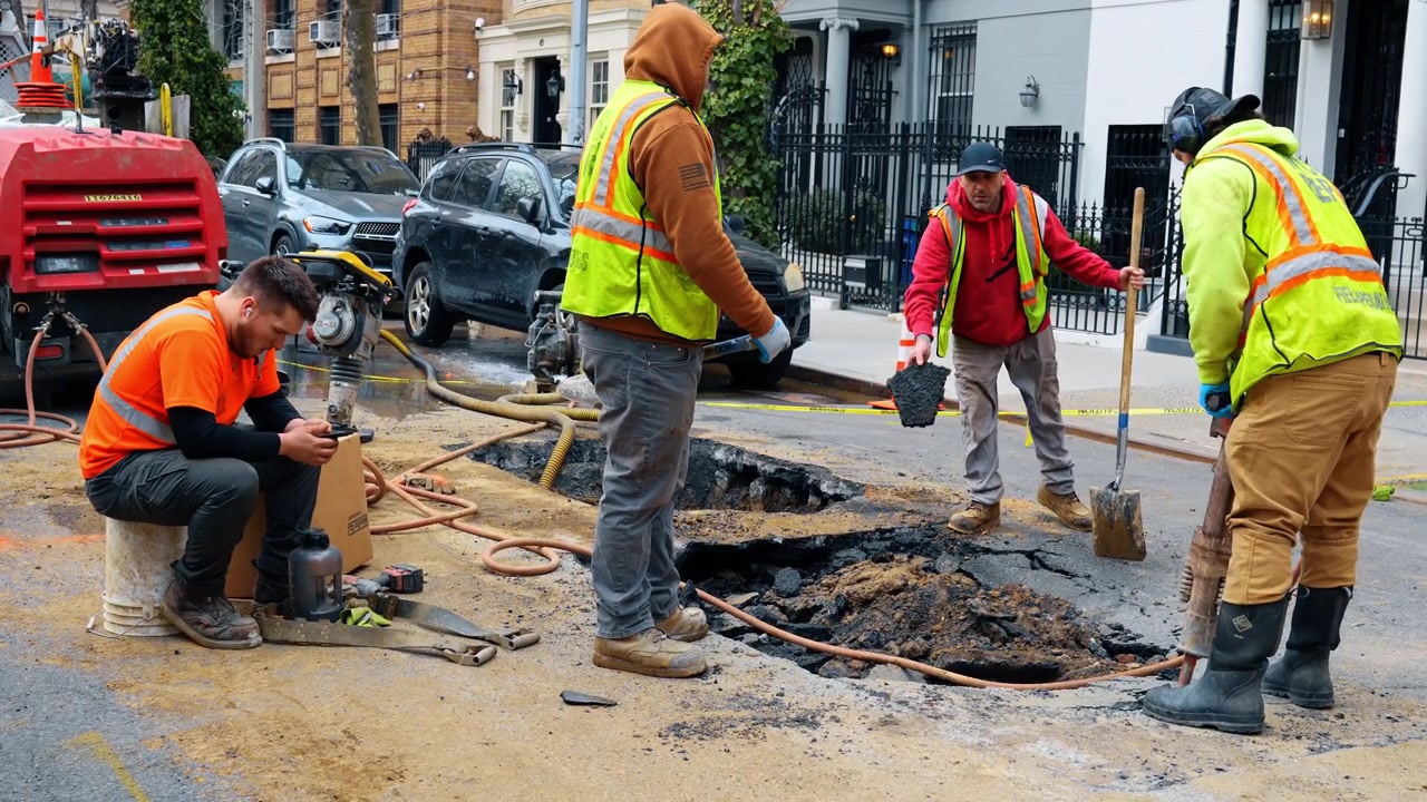 New York, USA, 18 March 2026: Group of workers repairing city street in New York. Workers in high visibility safety vests standing around a pothole during road maintenance in NYC.