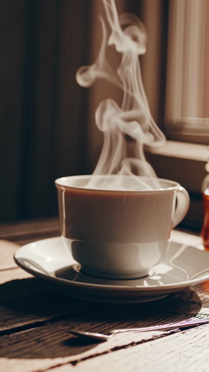 Warm, cozy video concept with a close-up, eye-level angle of a steaming cup of coffee on a rustic