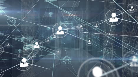 animation of computer servers with icons and network of connections