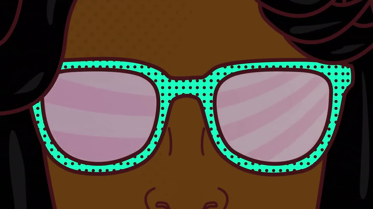 Animation of woman's face with sunglasses and purple stripes