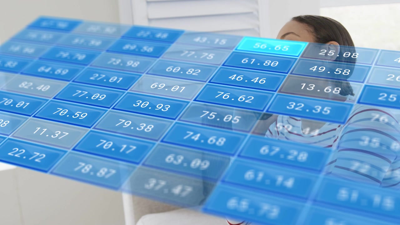 Woman holding black phone to ear and taking call, initiating blue data tiles visualizing call data