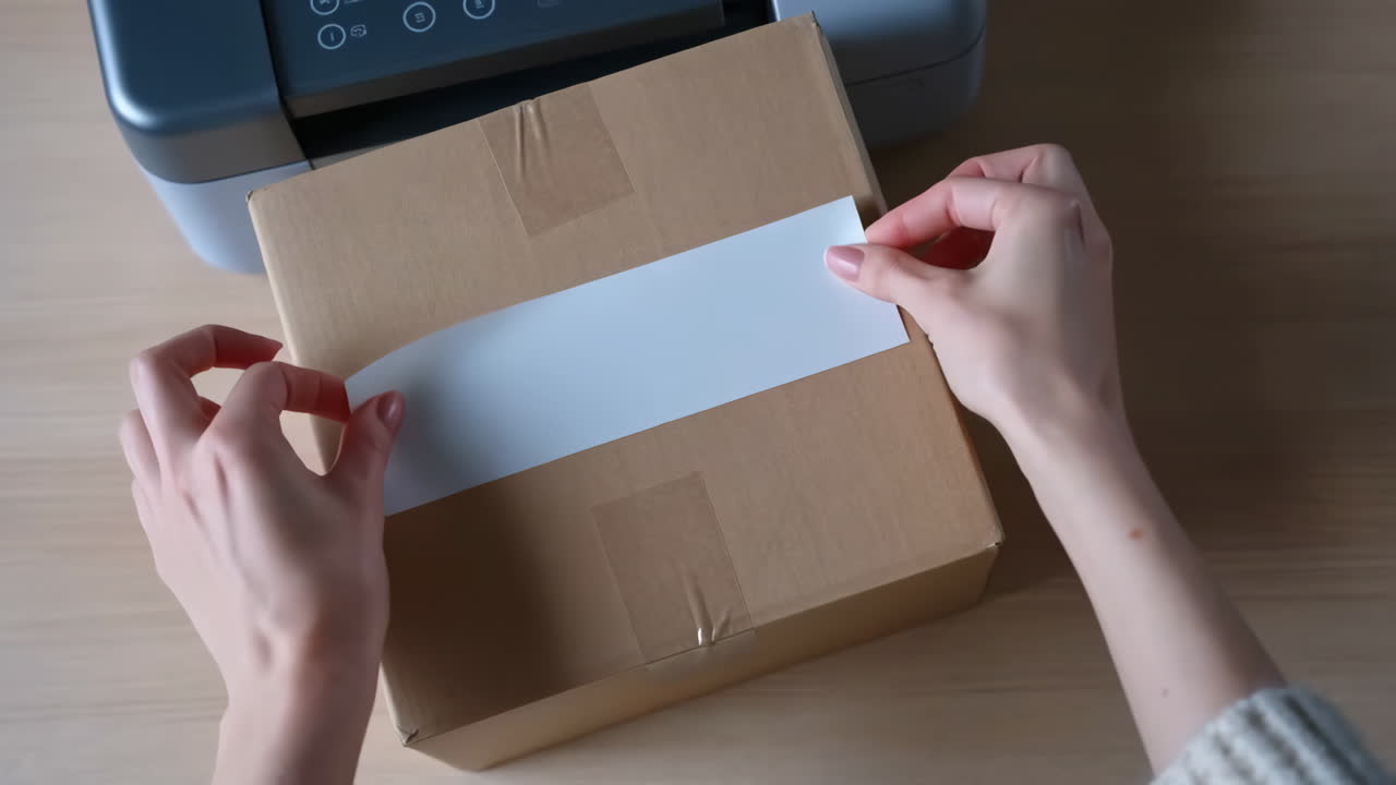 Hands applying a label to a cardboard box