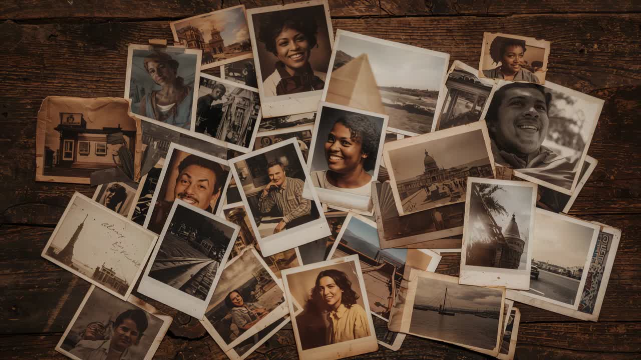 Zooming camera initiating push and panning over snapshots on wooden tabletop, showing pyramid print